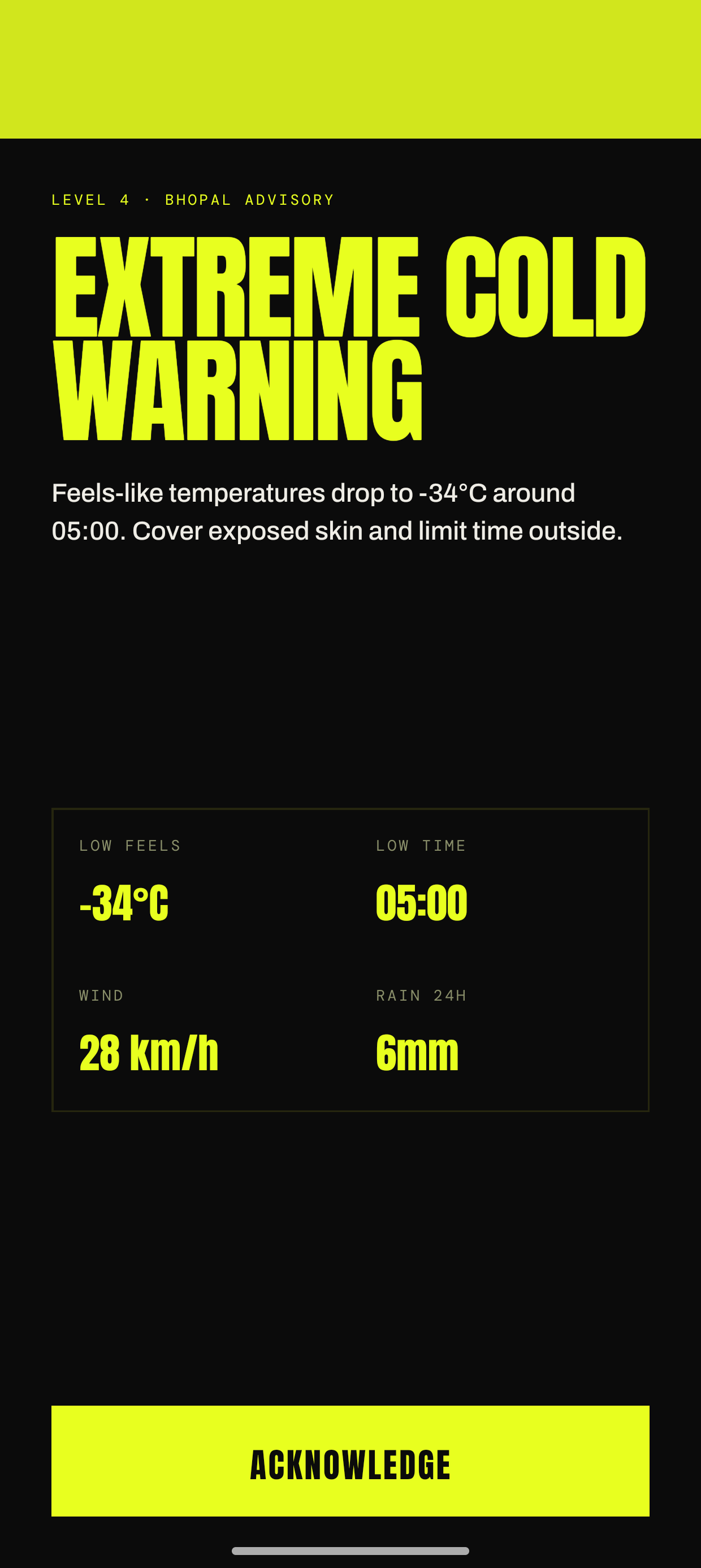 Nimbus extreme cold warning — feels-like -34°C