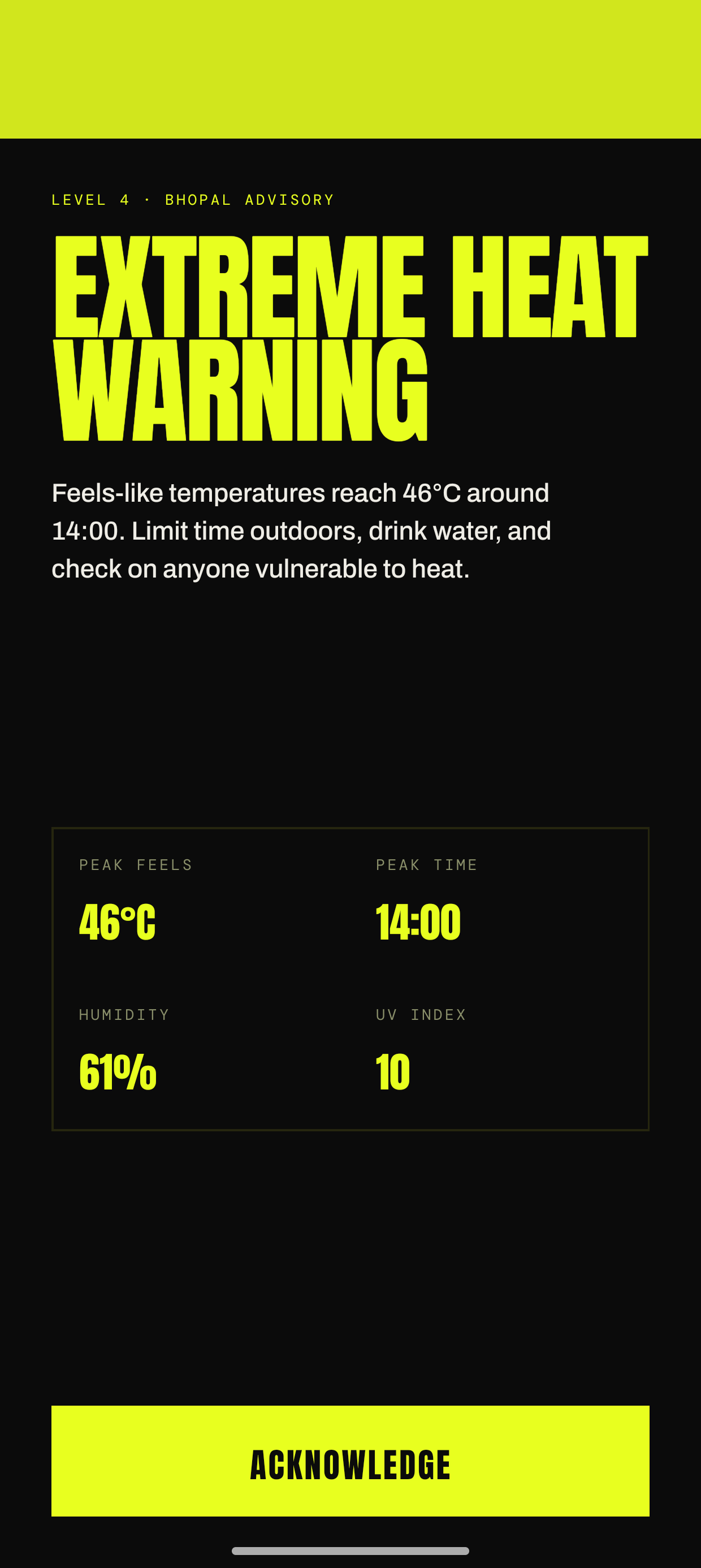 Nimbus extreme heat warning — feels-like 46°C