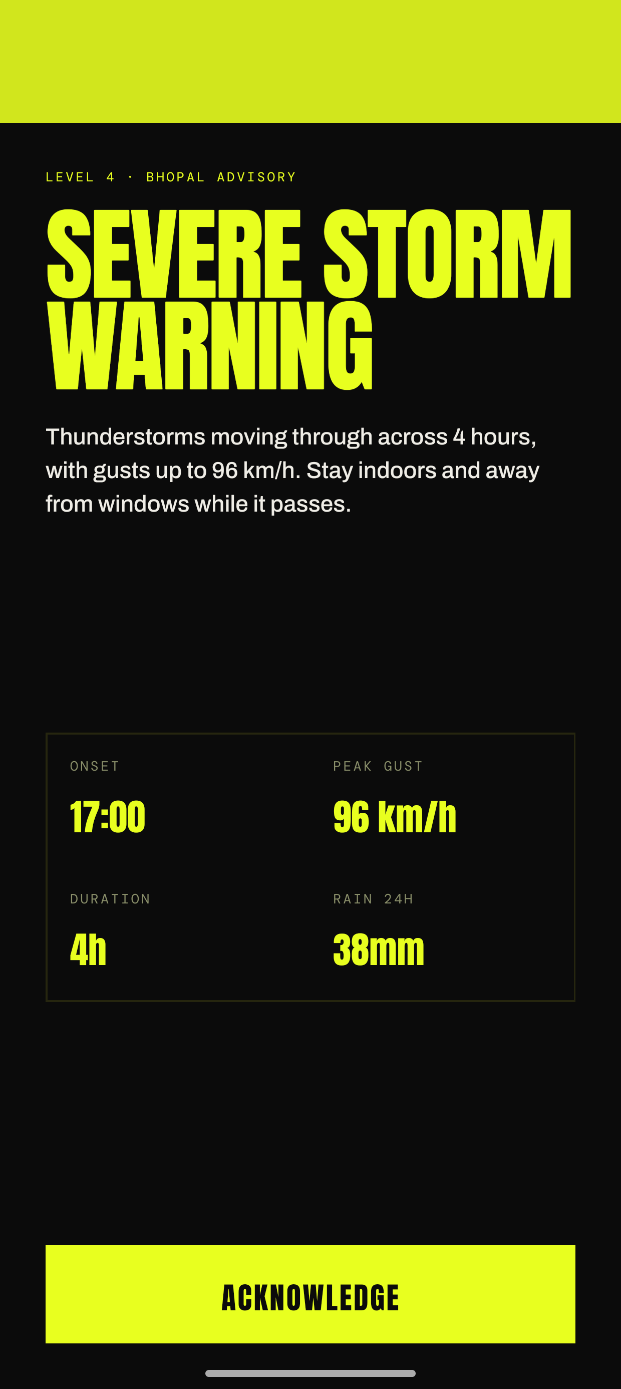 Nimbus severe storm warning — gusts up to 96 km/h
