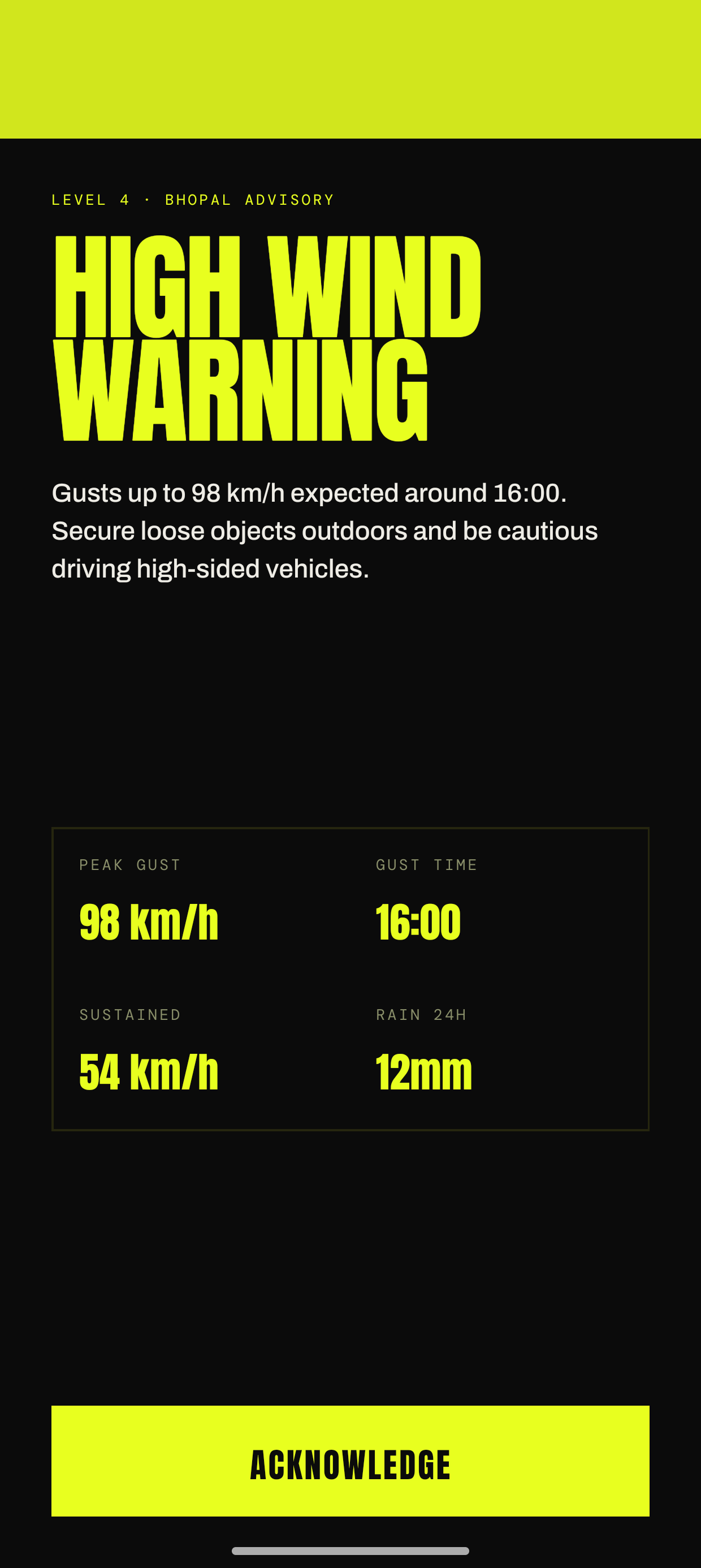 Nimbus high wind warning — gusts up to 98 km/h